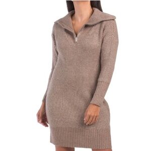 Cupcakes & Cashmere Women's Tan Ribbed Notch Zip Collar Knit Sweater Dress XS